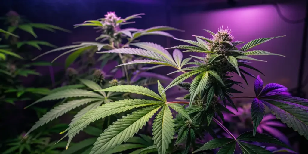 Cannabis plant purple LED flowering stage with buds developing under indoor grow lights.