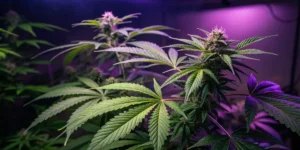 Cannabis plant purple LED flowering stage with buds developing under indoor grow lights.