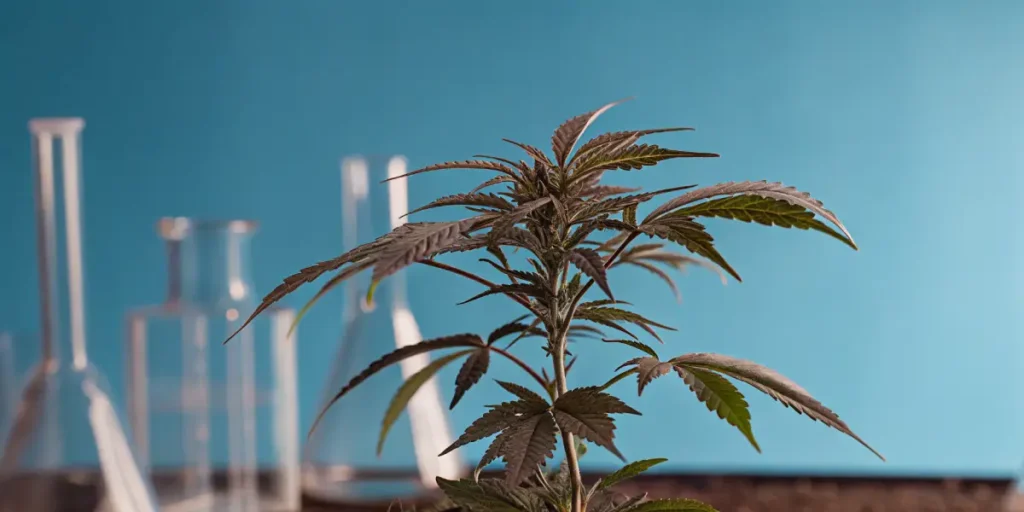 Purple cannabis plant being analyzed in laboratory with scientific equipment in background.