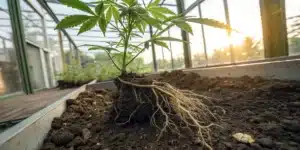 Cannabis plant roots in soil greenhouse with exposed root system and young plant growing under warm sunlight.