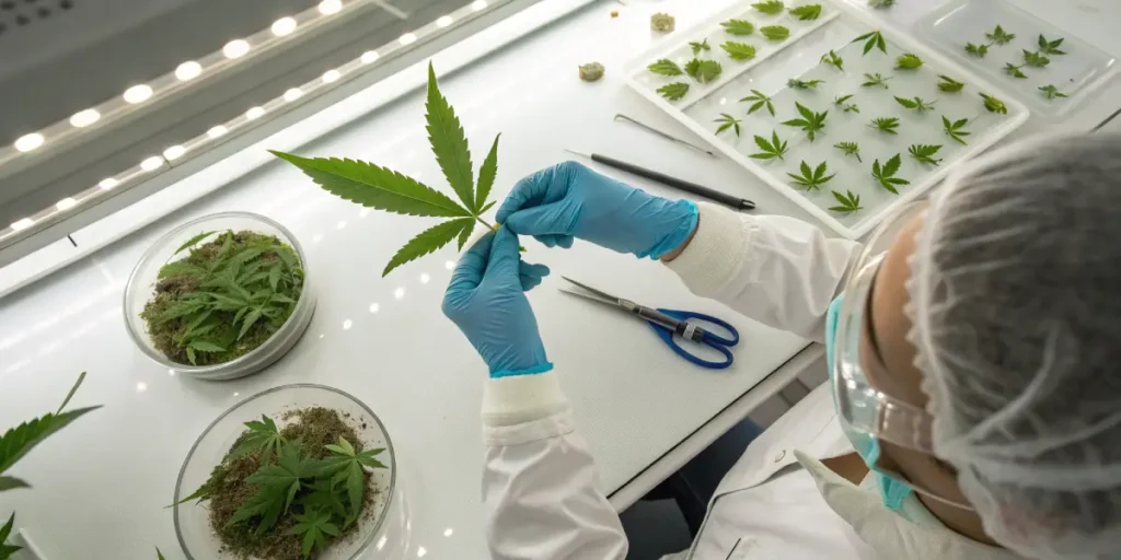 Cannabis plant sample lab research with gloved hands examining a cannabis leaf in a controlled laboratory setting.