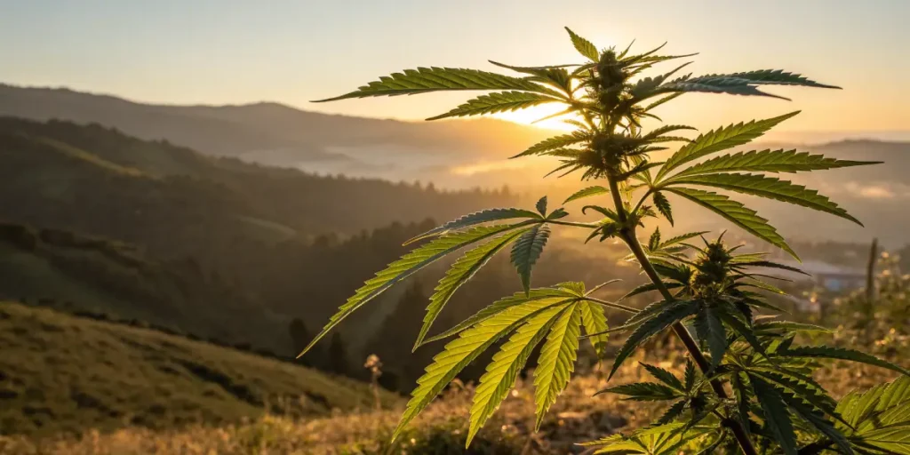 Cannabis plant sunrise mountain landscape with flowering buds and green leaves illuminated by warm morning sunlight.