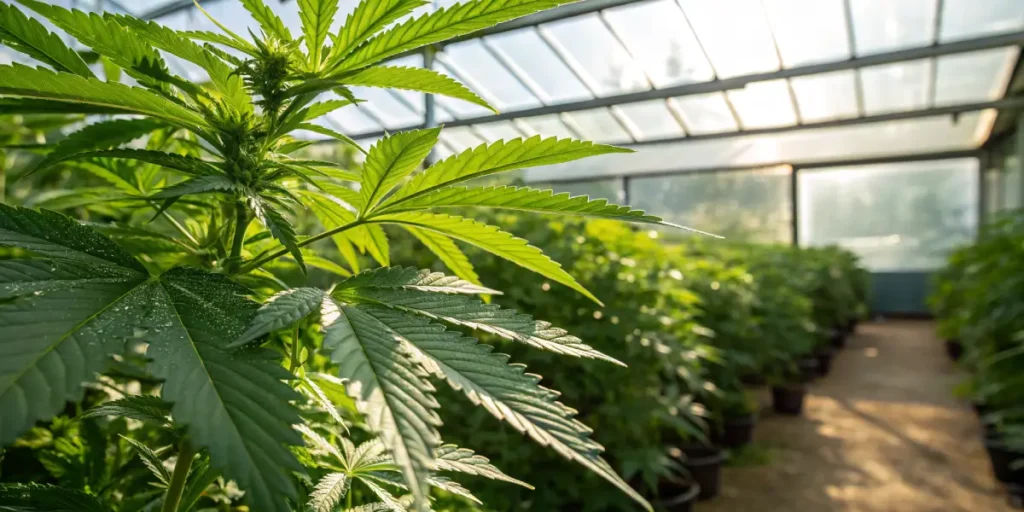 Cannabis plants growing in greenhouse with healthy green leaves and rows of plants under natural sunlight.