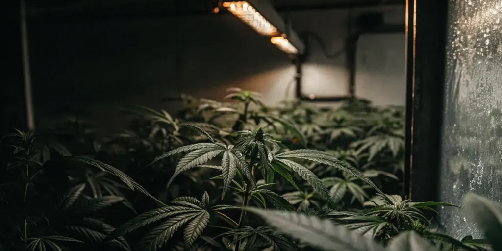 Cannabis plants growing under LED lights in an indoor grow room with visible moisture and high humidity levels