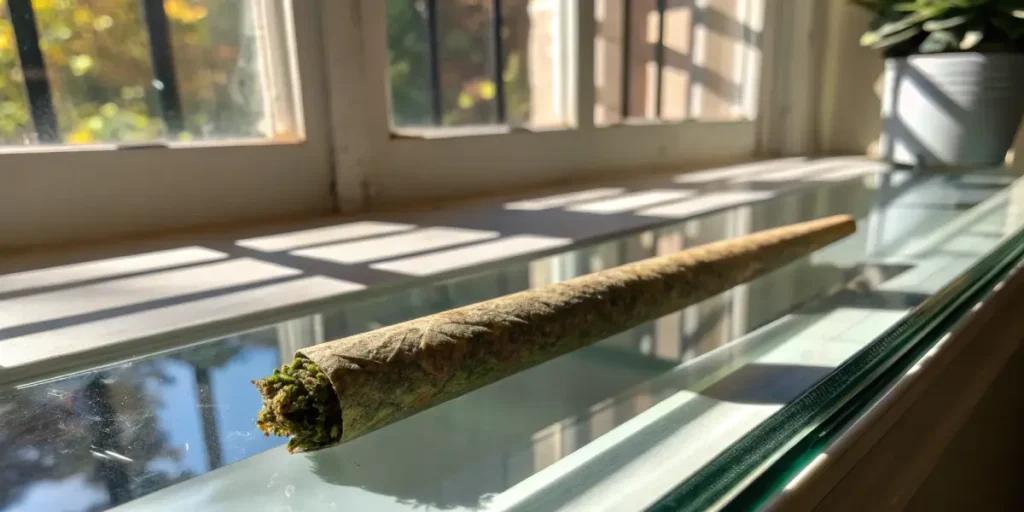 Cannabis pre roll joint glass surface sunlight with detailed view of filled tip under natural light.