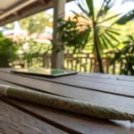 Cannabis pre roll joint wooden table placed on an outdoor surface with natural surroundings in the background.