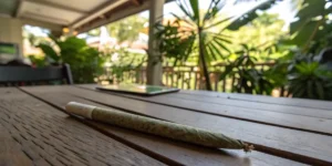 Cannabis pre roll joint wooden table placed on an outdoor surface with natural surroundings in the background.