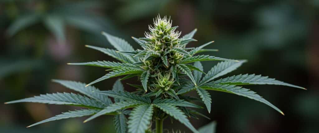 Cannabis preflowering stage cola with early pistils and lush green leaves.