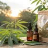 Cannabis products including oil bottles, fresh plant, and dried flower in packaging outdoors.