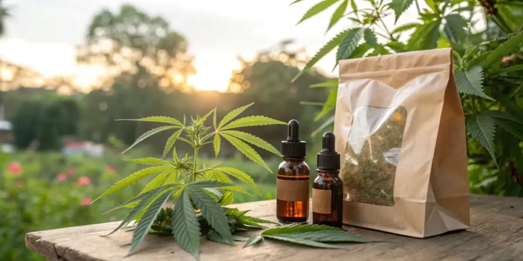 Cannabis products including oil bottles, fresh plant, and dried flower in packaging outdoors.