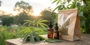 Cannabis products including oil bottles, fresh plant, and dried flower in packaging outdoors.
