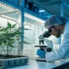 Cannabis research lab plant testing with a scientist studying cannabis plants and samples using a microscope.