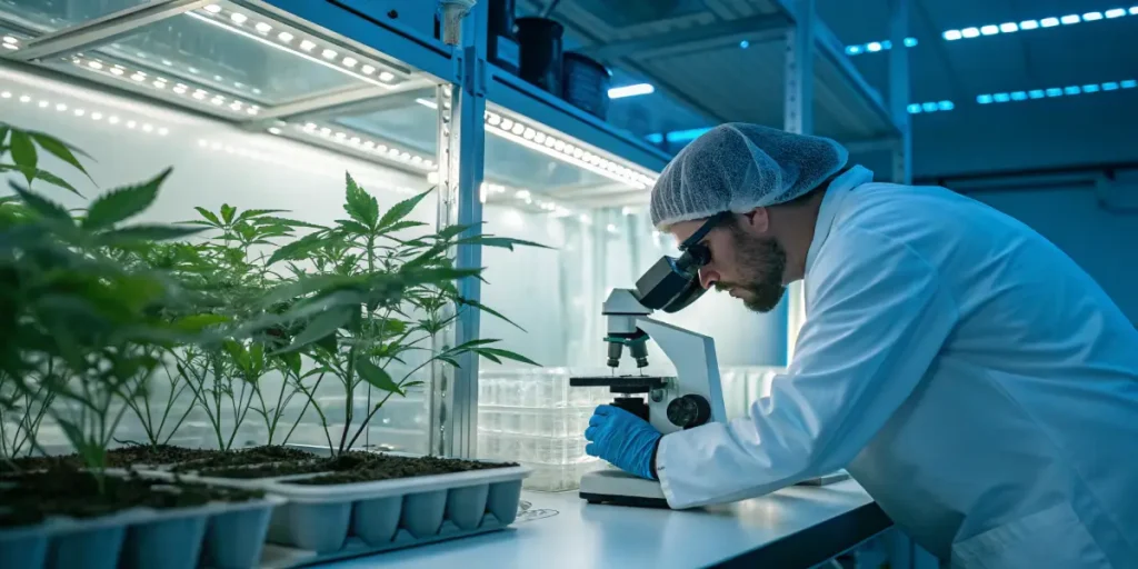 Cannabis research lab plant testing with a scientist studying cannabis plants and samples using a microscope.