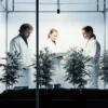 Scientists analyzing cannabis plants in a controlled laboratory environment.