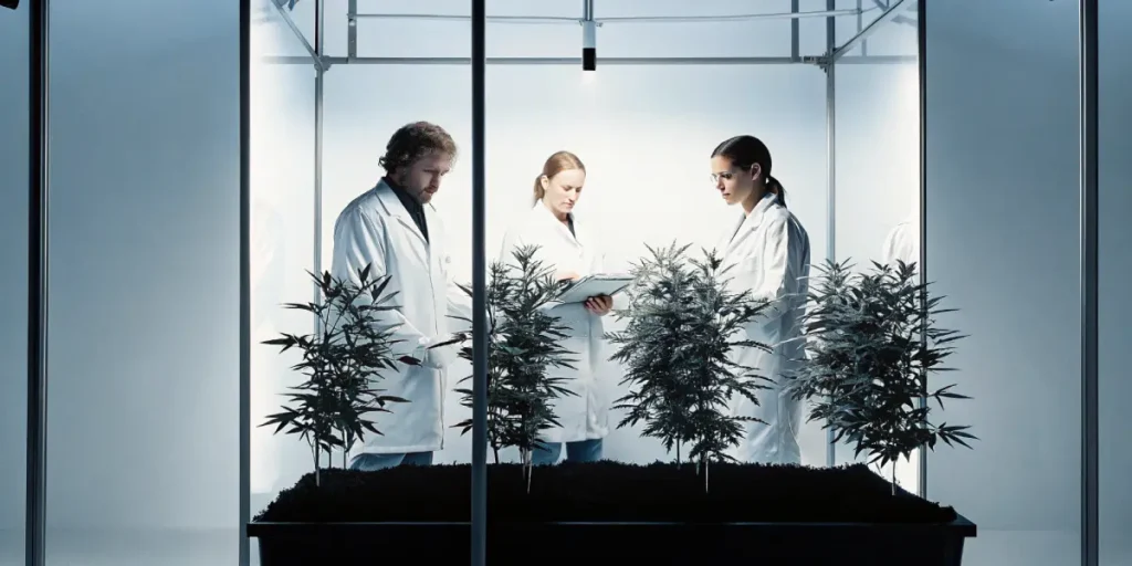 Scientists analyzing cannabis plants in a controlled laboratory environment.