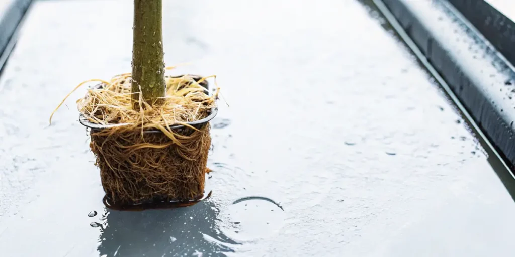 Cannabis root ball soaked in water displaying symptoms of waterlogged growing medium.