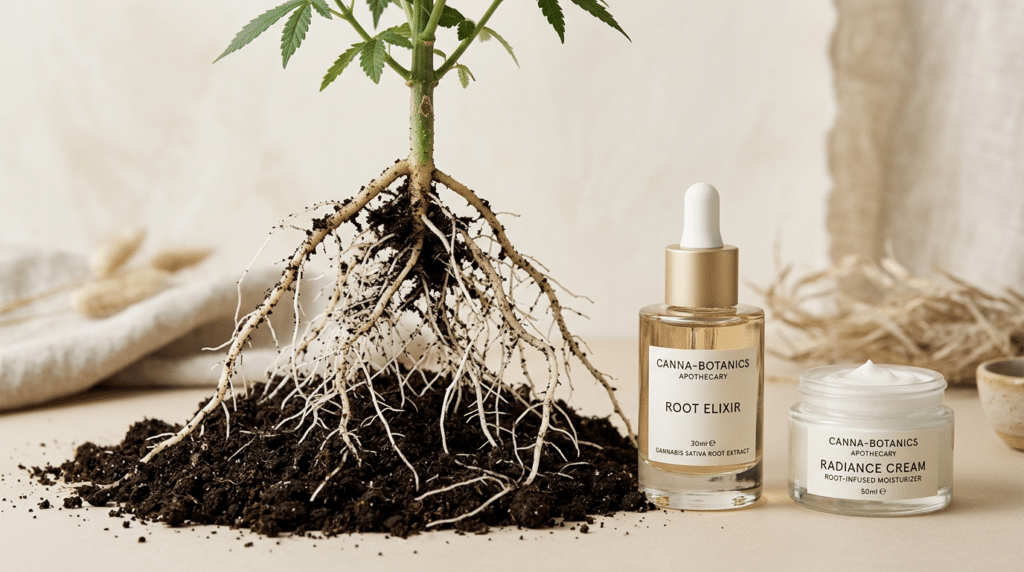 Cannabis root extract skincare Friedelin root elixir and cream shown beside exposed cannabis roots on a clean beauty set.