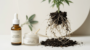 Cannabis root extract skincare Friedelin serum balm displayed beside exposed cannabis roots and botanical beauty products.