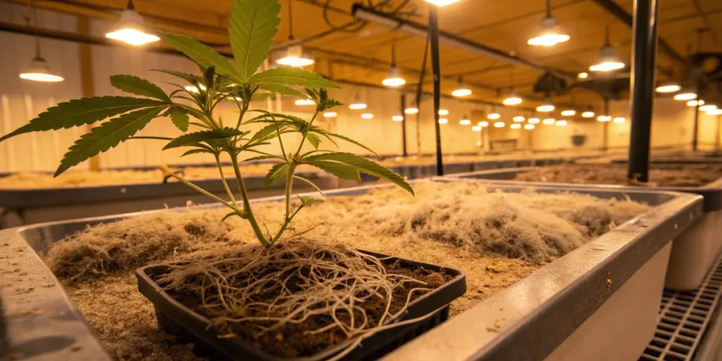 Cannabis root fungus contamination with a young plant showing roots surrounded by mold in an indoor facility.
