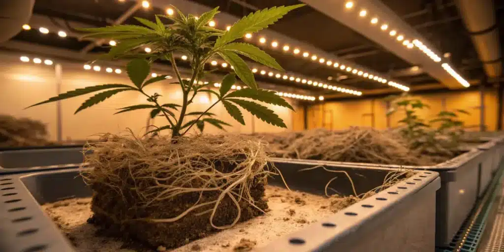 Cannabis root mold indoor grow showing exposed roots affected by fungal growth in a controlled cultivation environment.