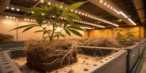 Cannabis root mold indoor grow showing exposed roots affected by fungal growth in a controlled cultivation environment.