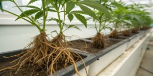 Cannabis roots root rot damage showing exposed roots affected by disease in an indoor grow system.