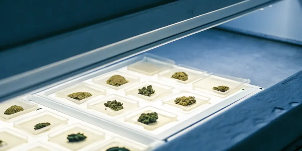 Cannabis samples arranged in trays for laboratory testing and quality analysis.