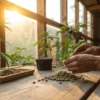 Cannabis seed selection greenhouse table with hands sorting seeds next to young cannabis plants in warm sunlight.