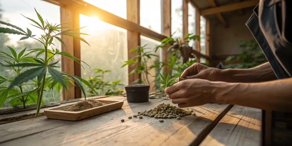 Cannabis seed selection greenhouse table with hands sorting seeds next to young cannabis plants in warm sunlight.