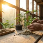 Cannabis seed selection greenhouse table with hands sorting seeds next to young cannabis plants in warm sunlight.