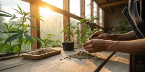 Cannabis seed selection greenhouse table with hands sorting seeds next to young cannabis plants in warm sunlight.