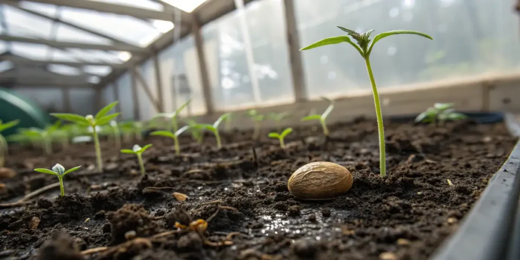 Cannabis seedling germination soil indoor with young sprouts emerging from soil next to a cannabis seed in a greenhouse tray.