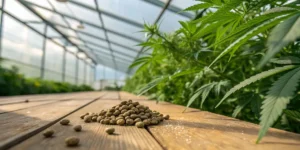 Cannabis seeds greenhouse wooden table with a pile of seeds placed on a wooden surface beside growing cannabis plants.