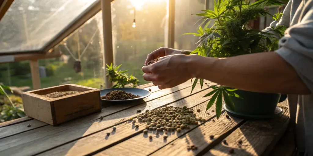 Cannabis seeds handling indoor sunlight with hands holding seeds near potted cannabis plants in a bright greenhouse environment.