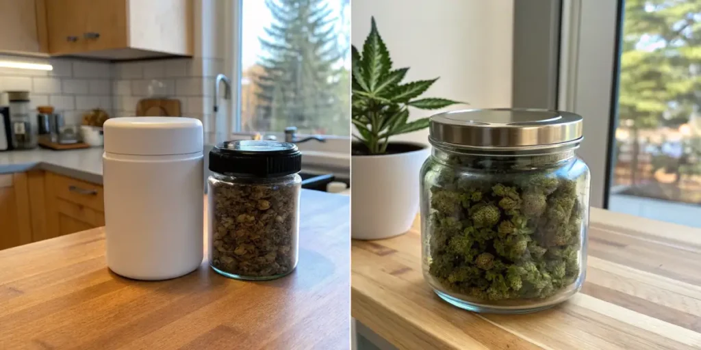 Comparison of cannabis stored in glass jar and opaque container on kitchen counter.