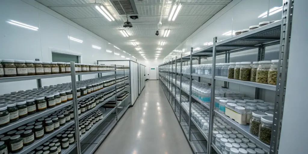 Cannabis storage facility organized shelves with labeled jars and containers arranged in a clean, controlled environment.