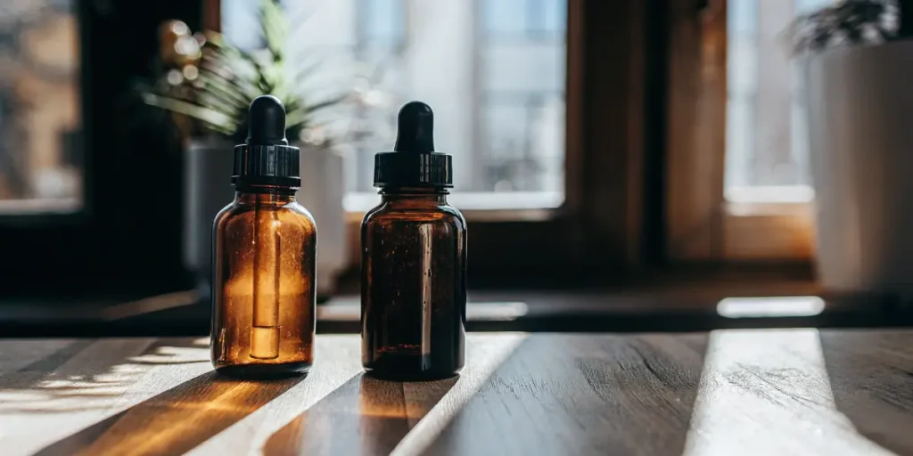 Amber glass dropper bottles for cannabis tincture on wooden surface with sunlight.