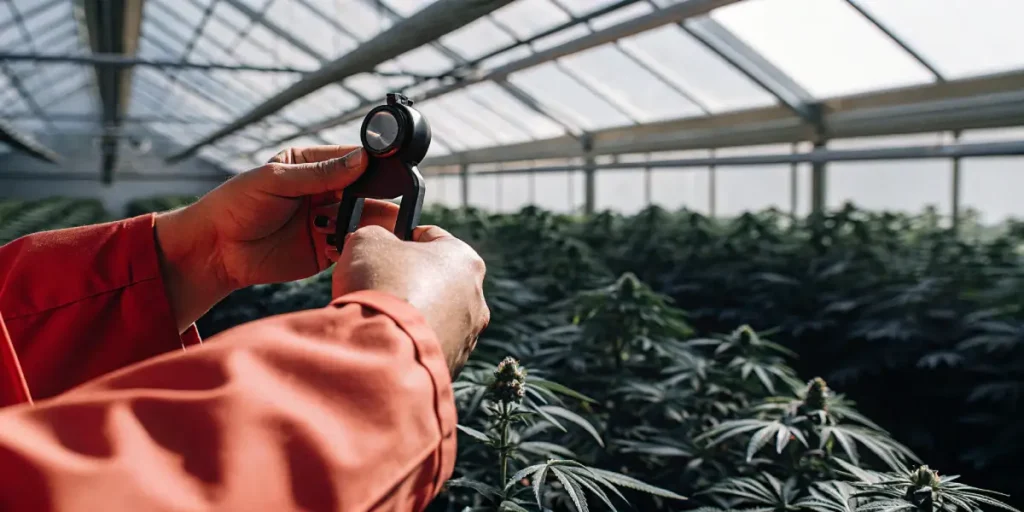 Close-up of hands using magnifier to inspect cannabis plants in greenhouse.