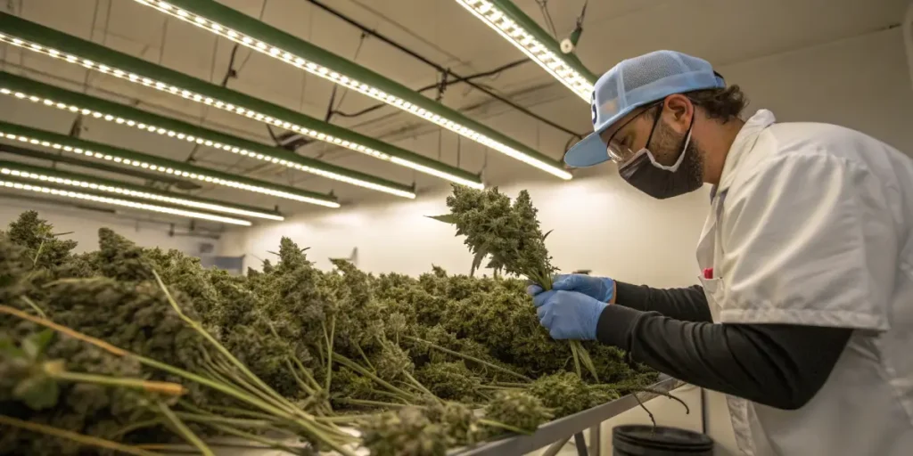 Worker trimming cannabis buds by hand in an indoor cultivation facility.