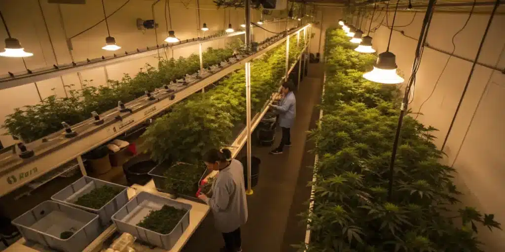 Indoor cannabis trimming room with workers processing plants under grow lights.