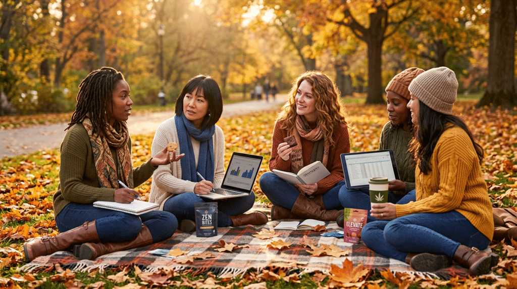 Cannamoms cannabis community park discussion with women reviewing notes, laptops, and cannabis products in autumn.