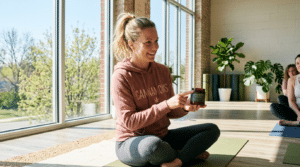 Cannamoms how cannabis moms are changing the market in a wellness studio with a woman presenting a cannabis product.