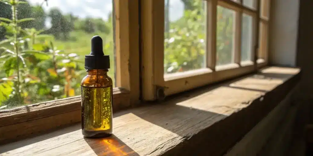 CBD oil dropper bottle window light with golden liquid inside a glass vial illuminated by sunlight.