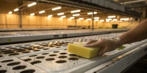 Cleaning hydroponic grow trays with gloved hand using sponge to sanitize planting holes in indoor cultivation system.