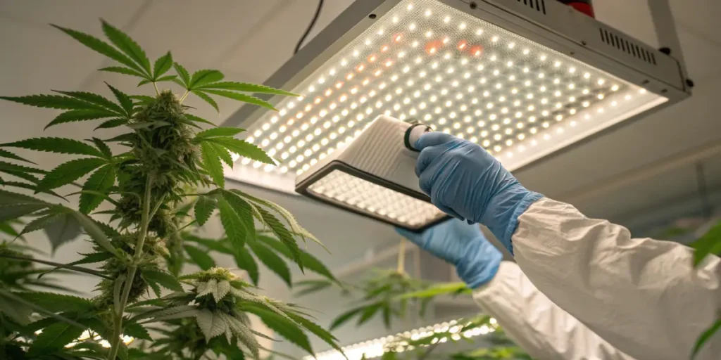 Cleaning LED grow light cannabis room with gloved hand wiping an LED panel above flowering cannabis plants.