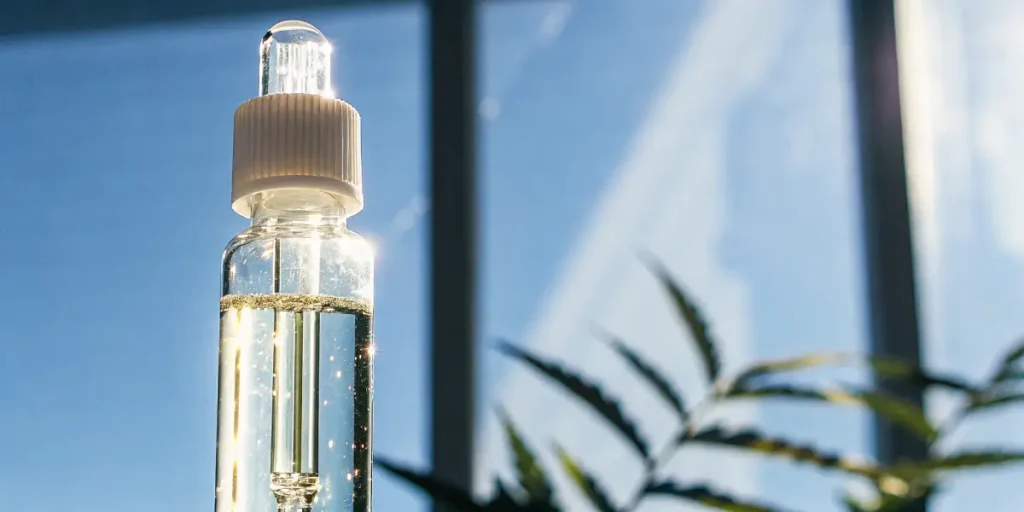Clear cannabis oil in glass dropper vial with sunlight and plant in background.