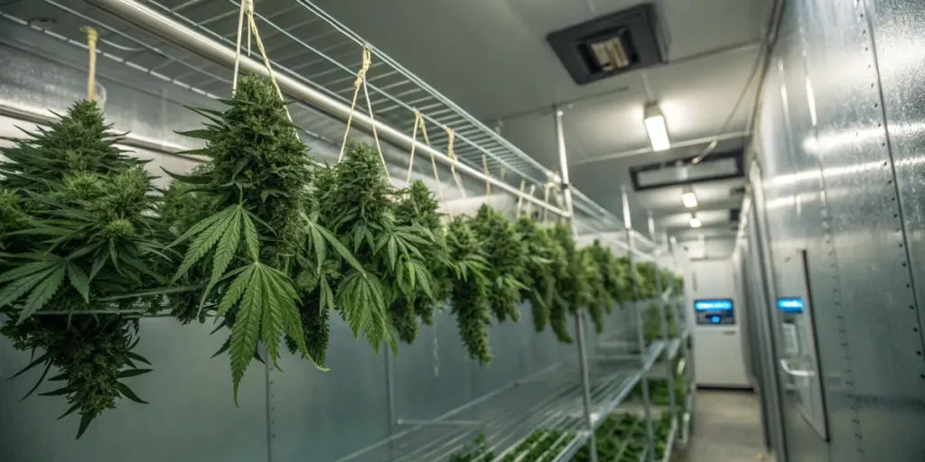 Climate controlled cannabis drying room with rows of hanging cannabis branches drying in a sealed facility.