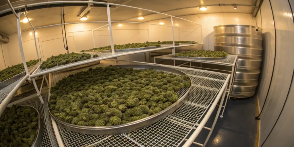 Commercial cannabis curing room with large trays filled with drying cannabis buds in a controlled facility.