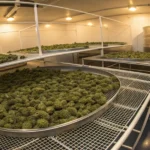 Commercial cannabis curing room with large trays filled with drying cannabis buds in a controlled facility.