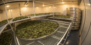 Commercial cannabis curing room with large trays filled with drying cannabis buds in a controlled facility.